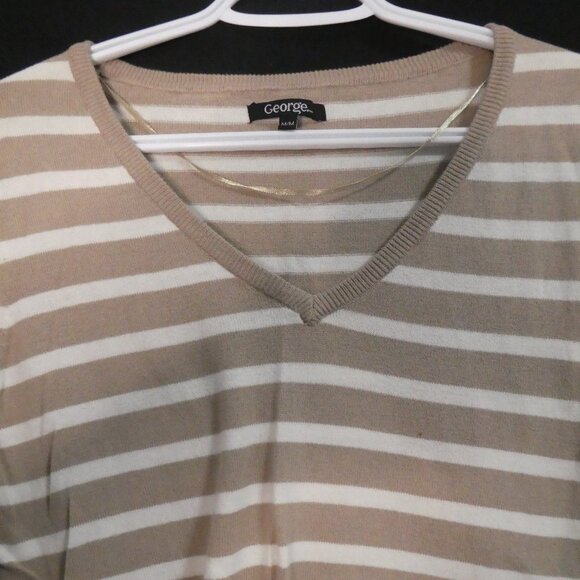 GEORGE | medium | Beige and White Striped V-Neck Lightweight Sweater - Picture 4 of 14